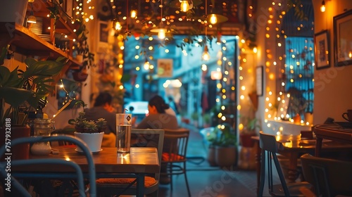 A cozy caf?(C) interior adorned with fairy lights and vintage d?(C)cor, inviting patrons to unwind.  attractive look