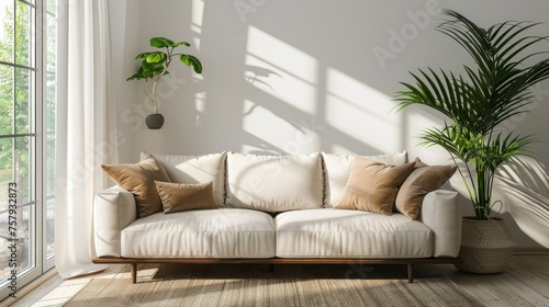 Beige fabric sofa against window. Bohemian interior design. Generative Ai © Planum