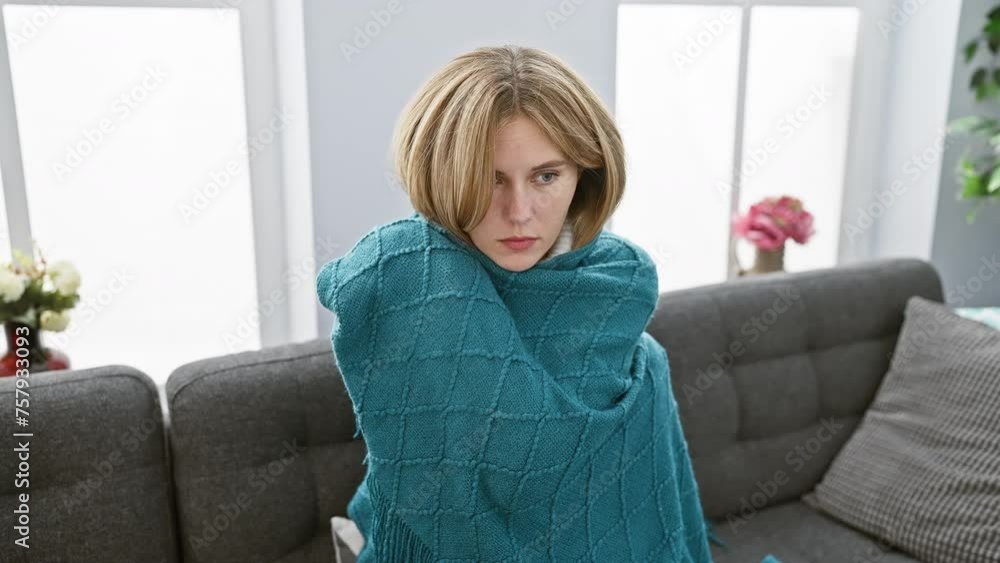 A thoughtful young woman with blonde hair and blue eyes wrapped in a turquoise blanket indoors on a grey sofa A thoughtful young woman with blonde hair and blue eyes wrapped in a turquoise blanket indoors on a grey sofa