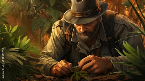 A treasure hunter searches for lost artifacts in a jungle photo