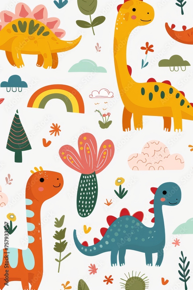 Fototapeta premium Colorful cartoon dinosaurs in a whimsical landscape. This vibrant image showcases playful cartoon dinosaurs in a variety of colors, surrounded by whimsical flora and other cute elements