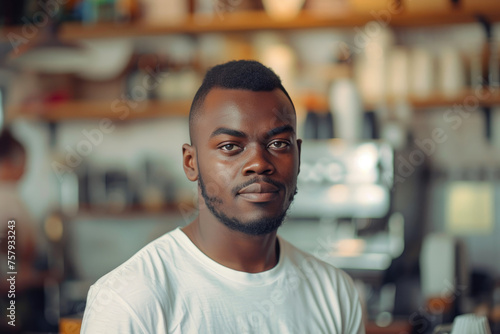 Financial Strain: Black Man Working as Cashier in Small Cafe