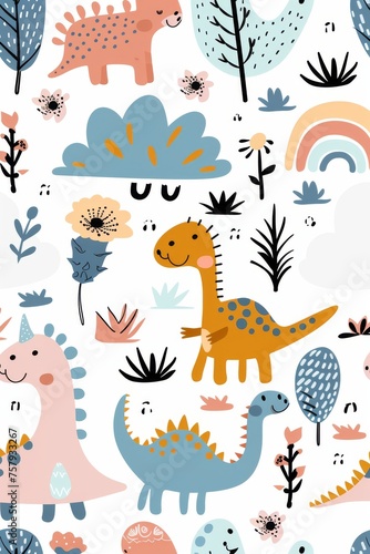 Colorful cartoon dinosaurs in a whimsical landscape. This vibrant image showcases playful cartoon dinosaurs in a variety of colors, surrounded by whimsical flora and other cute elements © MiniMaxi