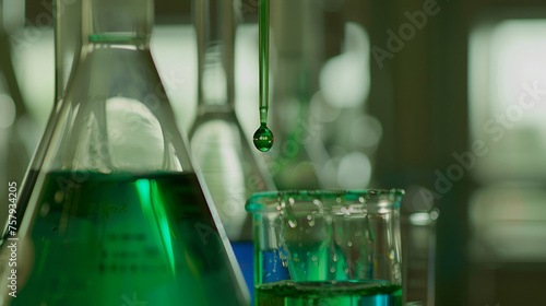 Witness the mesmerizing spectacle as vibrant green chemicals cascade from pipette to flask photo