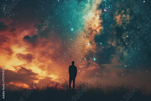 Silhouette of a man in front of huge universe.