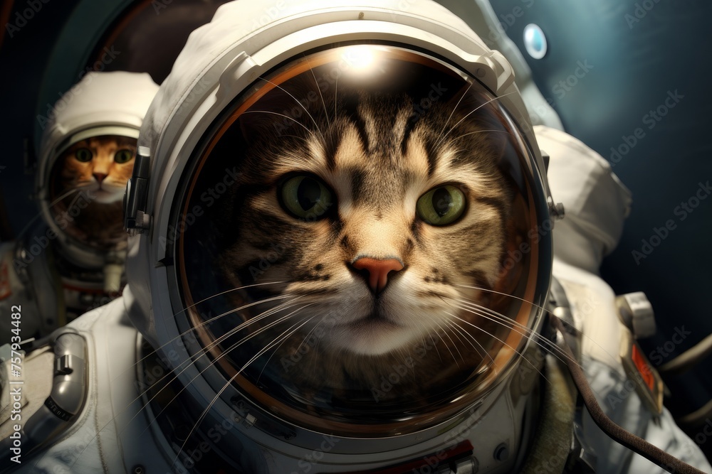 A group of cats in astronaut costumes in a spaceship, space exploration.