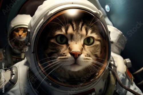 A group of cats in astronaut costumes in a spaceship, space exploration.