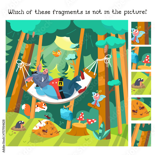 Find hidden fragments in picture. Educational game for kids. Cartoon wild boar on hammock in forest. Cute animal characters in flat style. Vector flat illustration on background. Scene for design