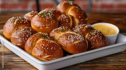 Soft Pretzel Rolls Warm, soft pretzel rolls with a chewy crust, presented in a cardboard bakery tray or arranged on a white ceramic plate, served with a side of mustard or beer cheese dip