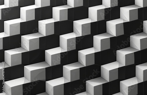 Abstract geometric pattern background with 3D cube wall design and white squares, black and white color scheme