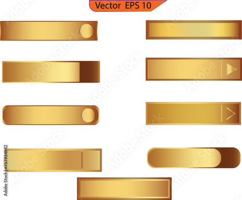 Blank Elegant Golden Buttons. Set of glass gold buttons and sliders, web icons of different forms. Gradient mesh. Button set color gold glossy. EPS 10