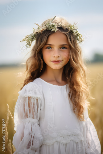 blonde hair girl dressed for first communion