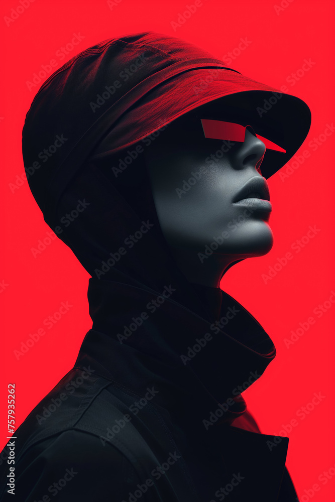 A person’s face is covered by a red and black abstract layer A person’s face is covered by a red and black abstract layer