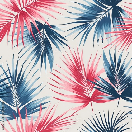 Tropical palm leaves seamless pattern on beige background with blue and pink colors