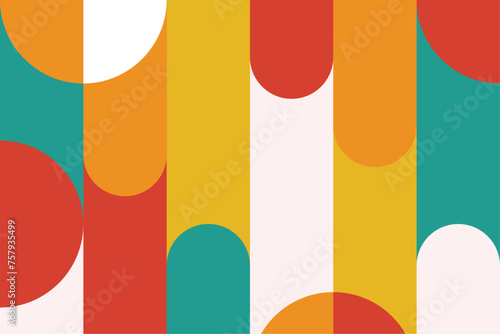 Retro geometric aesthetics. Bauhaus and avant-garde inspired vector background with abstract simple shapes like circle, square, semi circle. Colorful pattern in nostalgic pastel colors.