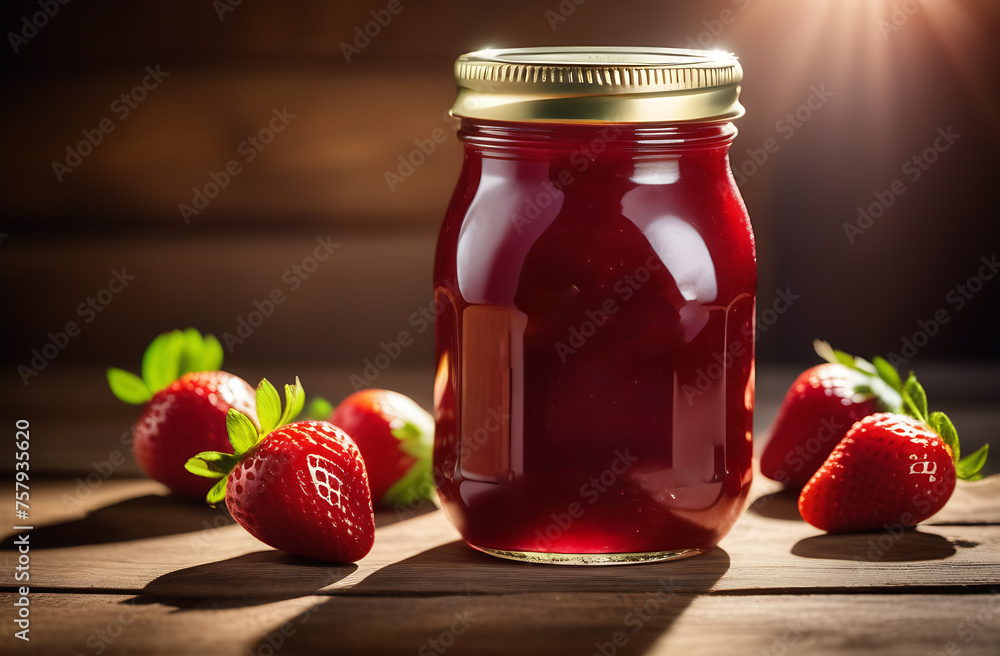 Strawberry jam in a glass jar on a wooden background. Strawberry jam in a glass jar on a wooden background.