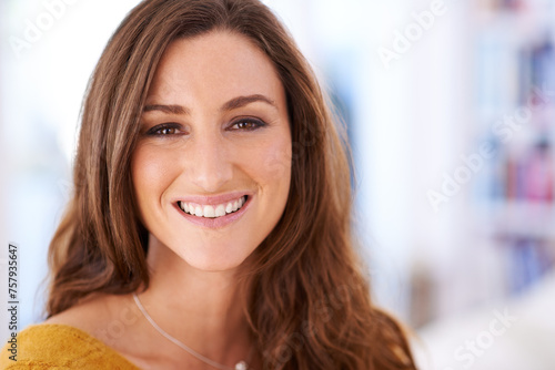 Free Download Woman, portrait and relax in house for calm holiday weekend with smile for break, peace or comfortable. Female person, face and couch in apartment living room for morning resting, cozy or carefree - GFXLoad