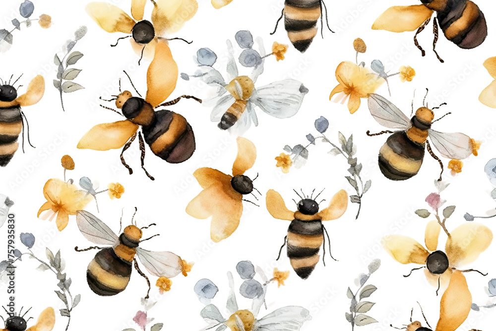 Watercolor Seamless Lovely bees pattern background white background