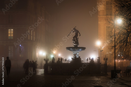 Foggy scenery of the Long Lane street in the main town of Gdansk. Poland