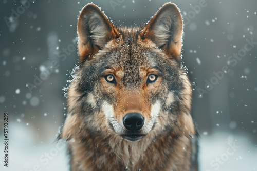 Close-up portrait of a wolf in snow