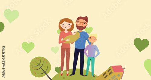 Image of caucasian parents with baby over yellow background with hearts
