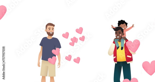 Image of diverse gay couple with son over white background with hearts