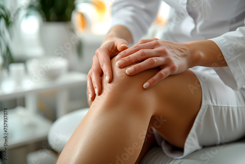 Close-up of a physiotherapist s hands massaging patient s knee. Physical therapy and recovery concept for design and print. Medical treatment in a clinic environment