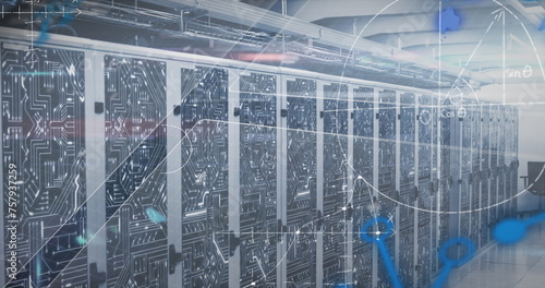 Image depicts a vast network of servers, highlighting data processing and design technology.