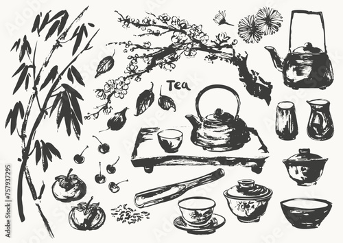 Hand drawn ink sketch of teapot, cups, bamboo, plum blossom, tray, leaves, scoop traditional japanese sumi-e style.