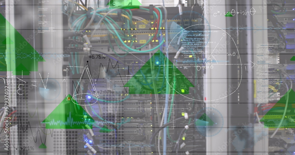 Obraz premium Image of mathematical equations and data processing over server room