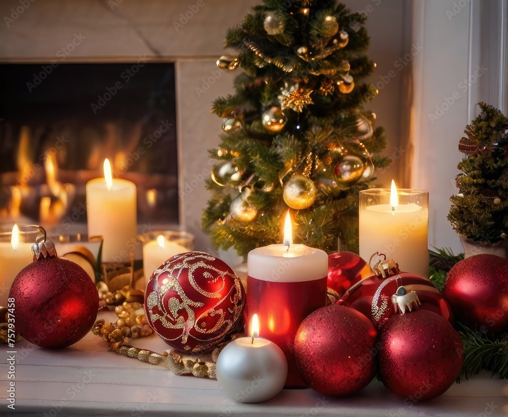 Amidst a cozy Christmas ambiance, candlelight dances among vibrant decorations, casting a warm and welcoming glow throughout the room, ideal for festive celebrations and merry gatherings.