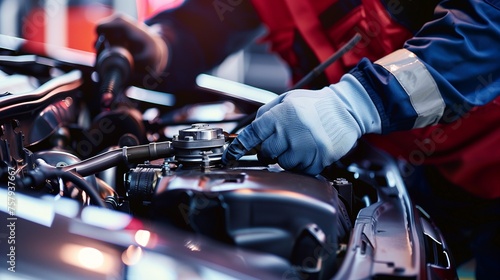 Close-up of a professional car mechanic wearing gloves, working under the hood of a vehicle in an auto repair shop. photo