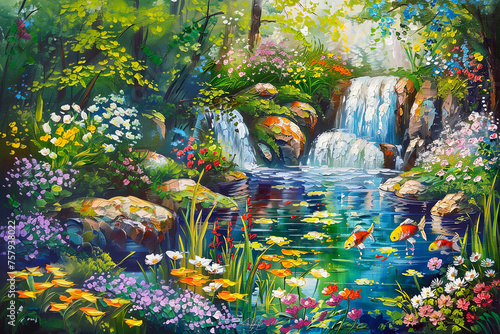 Landscape with waterfall with fish, spring flowers, green grass. Painting of summer.