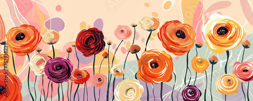 Botanical panorama  with summer flowers. Abstract background with nature.