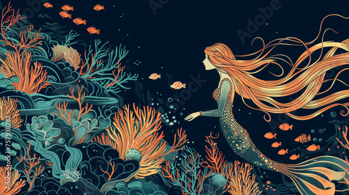 Illustration of ginger hair mermaid in the underwater magical world. Fairy tale concept.