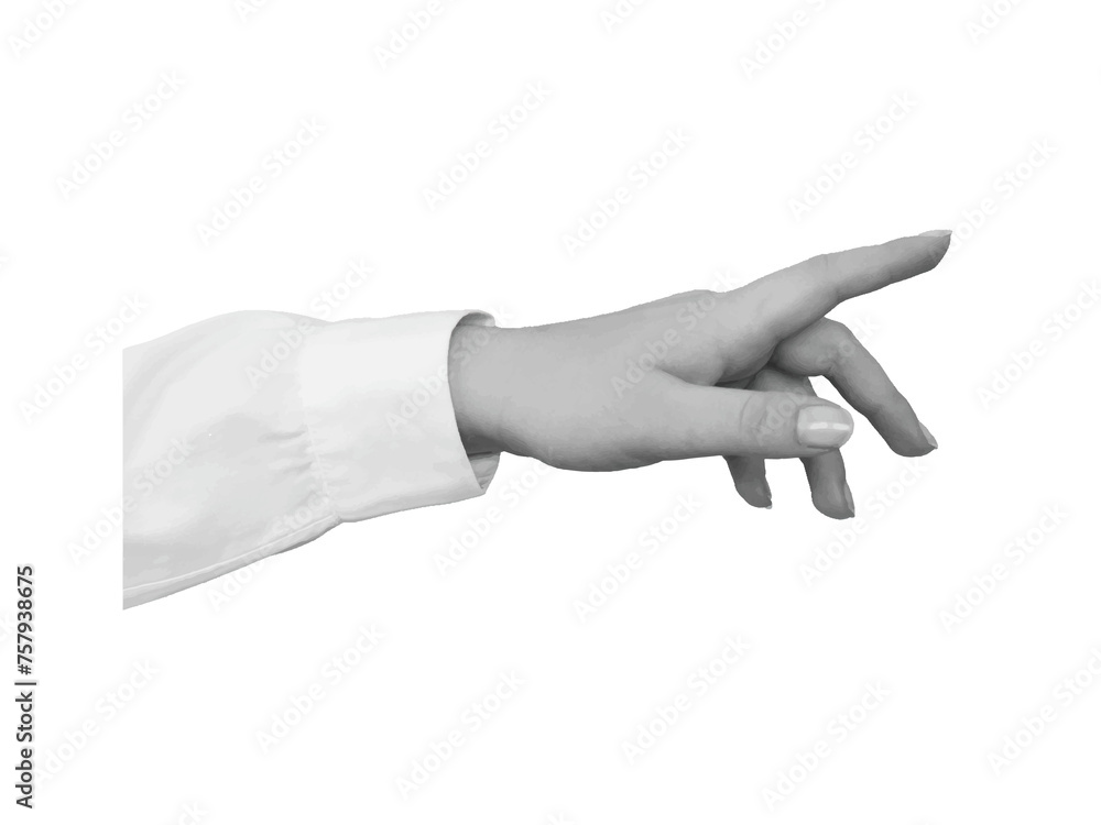 Black and white hand in a white shirt points with a finger - element for collage. Illustration on transparent background Black and white hand in a white shirt points with a finger - element for collage. Illustration on transparent background