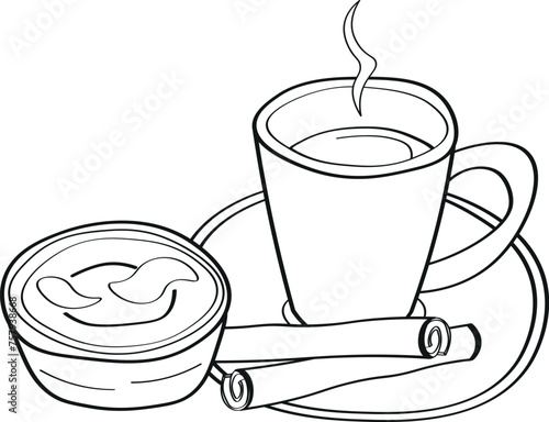 Coffee with pastel de nata (portuguese egg tart) black line vector drawing