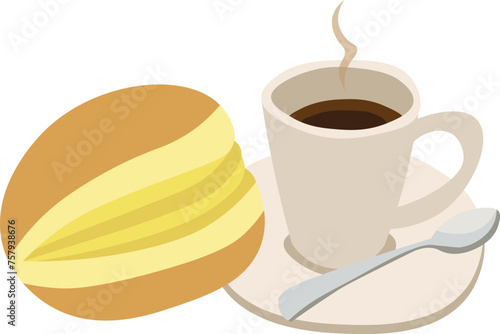 Portuguese donut (bola de berlim) with coffee. Colorful vector illustration