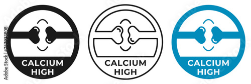 High calcium icon. Contains calcium sign, logo, badge, symbol, stamp or logo. Mineral and vitamin nutrition for fitness logotype, sticker, emblem, mark or seal isolated.