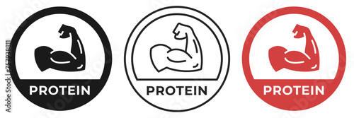 High protein icon. Whey protein fitness logo, badge, symbol, stamp or logo. Fitness nutrition for gym and muscles logotype, sticker, emblem, mark or seal isolated.