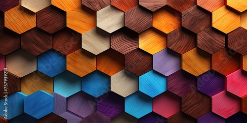 Multi colored wooden hexagon pattern background, created using hexagonal tiles arranged in a honeycomb style. photo