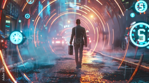 modern businessman stepping out of a shimmering digital time portal onto the neon-lit streets of a futuristic city.
