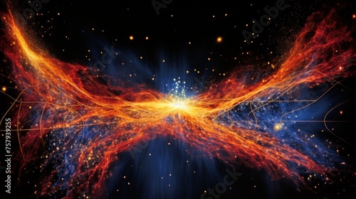 colorful  swirling galaxy with a bright orange and blue wing. The galaxy is filled with stars and is surrounded by a dark background.