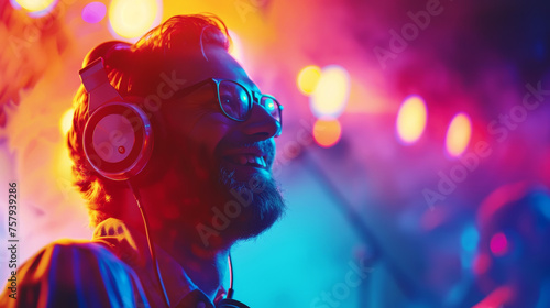 Portrait of a stylish DJ on a fiesta background. Neon disco lights. Party nightclub concept. Generative AI