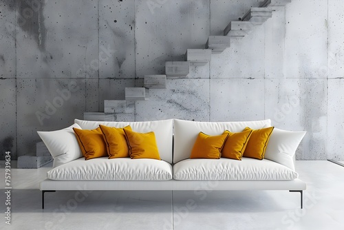 Minimalist Living Room Modern Sofa with Yellow Pillows Contrasting Concrete Staircase photo
