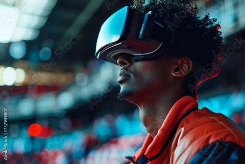 High-resolution shot of an individual using VR technology in a public space with blurred stadium background photo