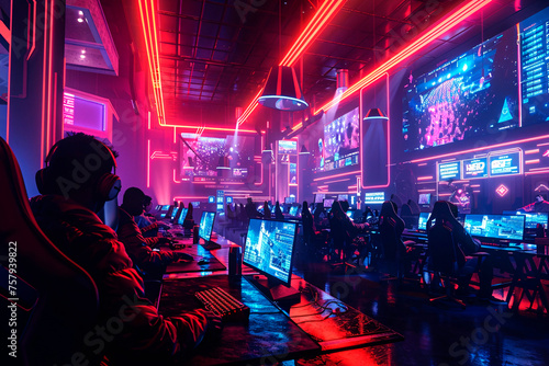 Striking image showcasing gamers at their stations in a high-tech cyber gaming room filled with neon lights photo