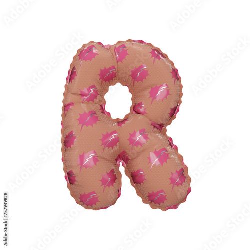 3D inflated balloon letter R with pink power lightning comic hero pattern pink glossy surface