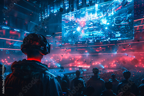 A crowd at a lively concert enjoying a futuristic atmosphere enhanced by VR technology