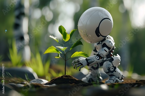 White AI Mascot Embraces Environmental Conservation Through Tree Planting in a Lush Forest